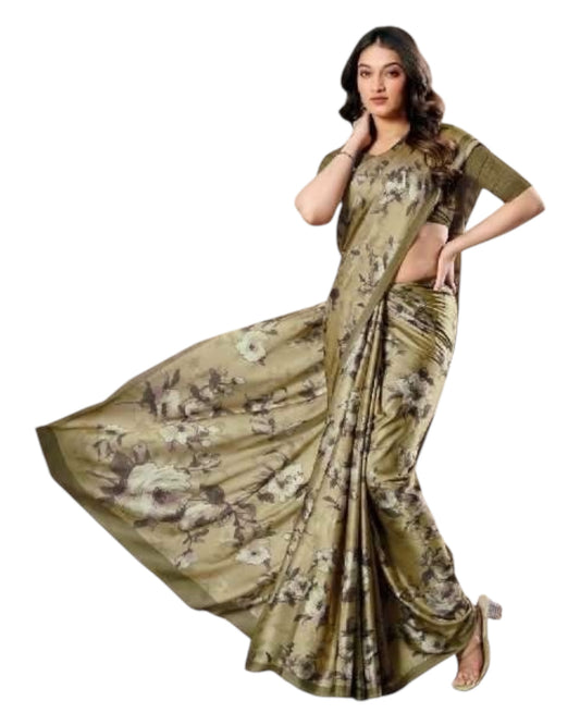 Henna Green - Floral Printed - Satin Finish Saree with Blouse Piece - SUSFEL19001D 10KJ25