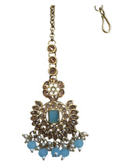 Sky Blue - Large - Antique Gold Finish Traditional Tika Head piece - Bollywood - Weddings - PRI1773  11V24