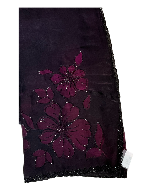 Wine / Black Floral - Classic Satin Crepe Saree with Stone Work and Blouse Piece - UK stock - 24hr Dispatch - RS2537 TV