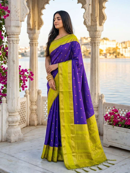 Purple / Green - Handloom Saree with Blouse Piece - UK stock - 24hr Dispatch - KM-Kashi 11KY26