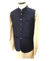 Navy Blue - Benarasi Handloom Brocade Mens Waistcoat - DL2301 KJp1023