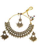 Gold / Neutral - Large Size Antique Gold Finish Necklace Set with Earrings - KAJ993  KA 0424
