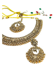 Crystal / Neutral - Medium Size Antique Gold Finish Necklace Set with Earrings - SJ07 08KY25