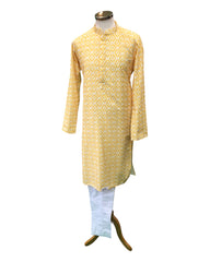 Haldi Yellow - Self Woven Cotton Men's Rich Churidar Kurta Set  -  YD2303 VY0323