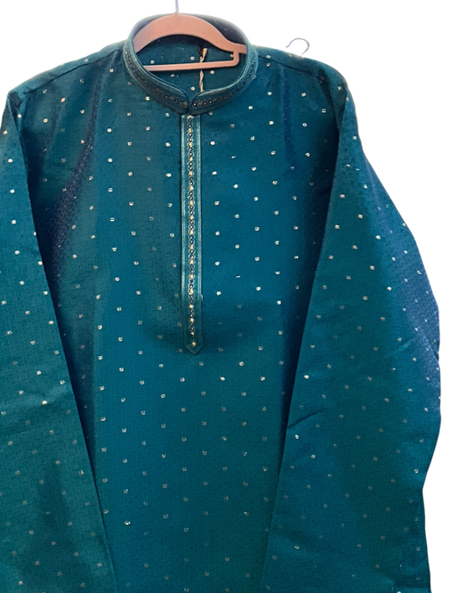 Turquoise Blue - Banarasi Handloom Brocade Mens Indian Kurta set with Trousers - UK Stock - Weddings / Walimas , Sangeet, Diwali, Eid, Mehndi / Henna - VEE3134 VK