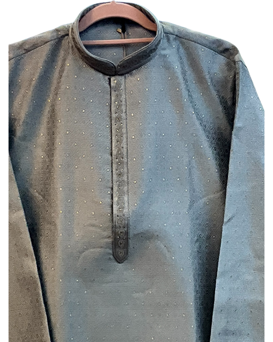 Light Grey / Silver - Men’s Embroidered Jacquard Kurta Set with Trousers - UK Stock - Weddings / Walimas , Sangeet, Diwali, Eid, Mehndi / Henna - VEE3010 KH