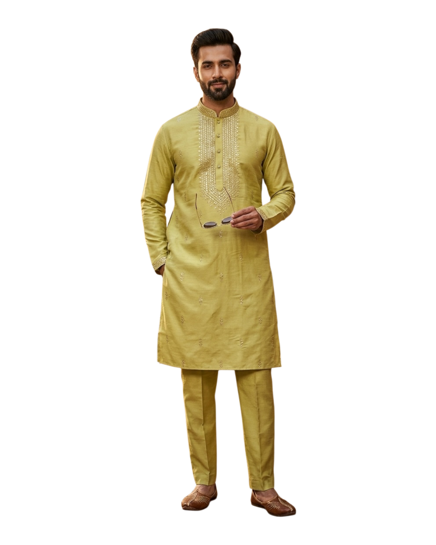Light Olive Green - Soft Cotton Infused Mens Kurta Set with Rich Sequins Embroidery - Sangeet Mehendi Haldi - KCS3001 06KH26