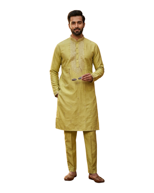 Light Olive Green - Soft Cotton Infused Mens Kurta Set with Rich Sequins Embroidery - Sangeet Mehendi Haldi - KCS3001 06KH26