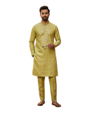 Light Olive Green - Soft Cotton Infused Mens Kurta Set with Rich Sequins Embroidery - Sangeet Mehendi Haldi - KCS3001 06KH26