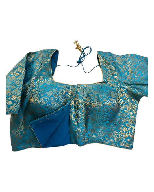38" & 42" - Turquoise Blue / Firozi - Banarasi Brocade Saree / Lehenga Blouse -UK Stock - Quick Dispatch - X1126 01A25 - Prachy Creations