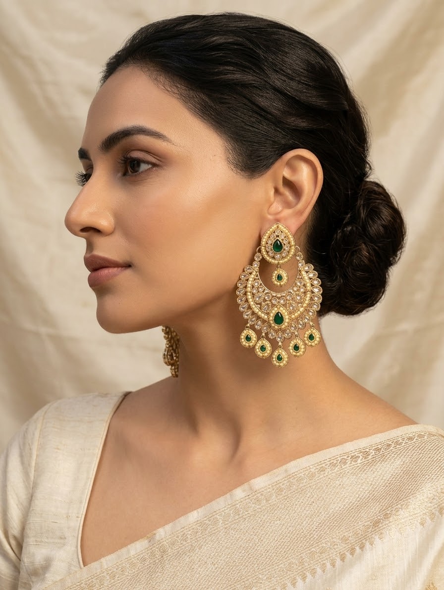 Green - Royal Teardrop Kundan & Pearl Chandbali Earrings - 6ER240 10Rp26