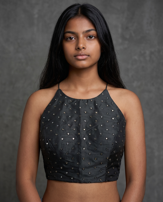 36" / UK 10 - Black - Mirror Work Strap Saree Blouse with cups - UK Stock - Quick Delivery - RNK - R778 -KY