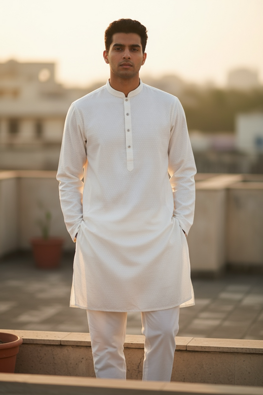 White - Banarasi Handloom Brocade Mens Indian Kurta set - UK Stock - Weddings / Walimas , Sangeet, Diwali, Eid, Mehndi / Henna - VEE2521 KJ
