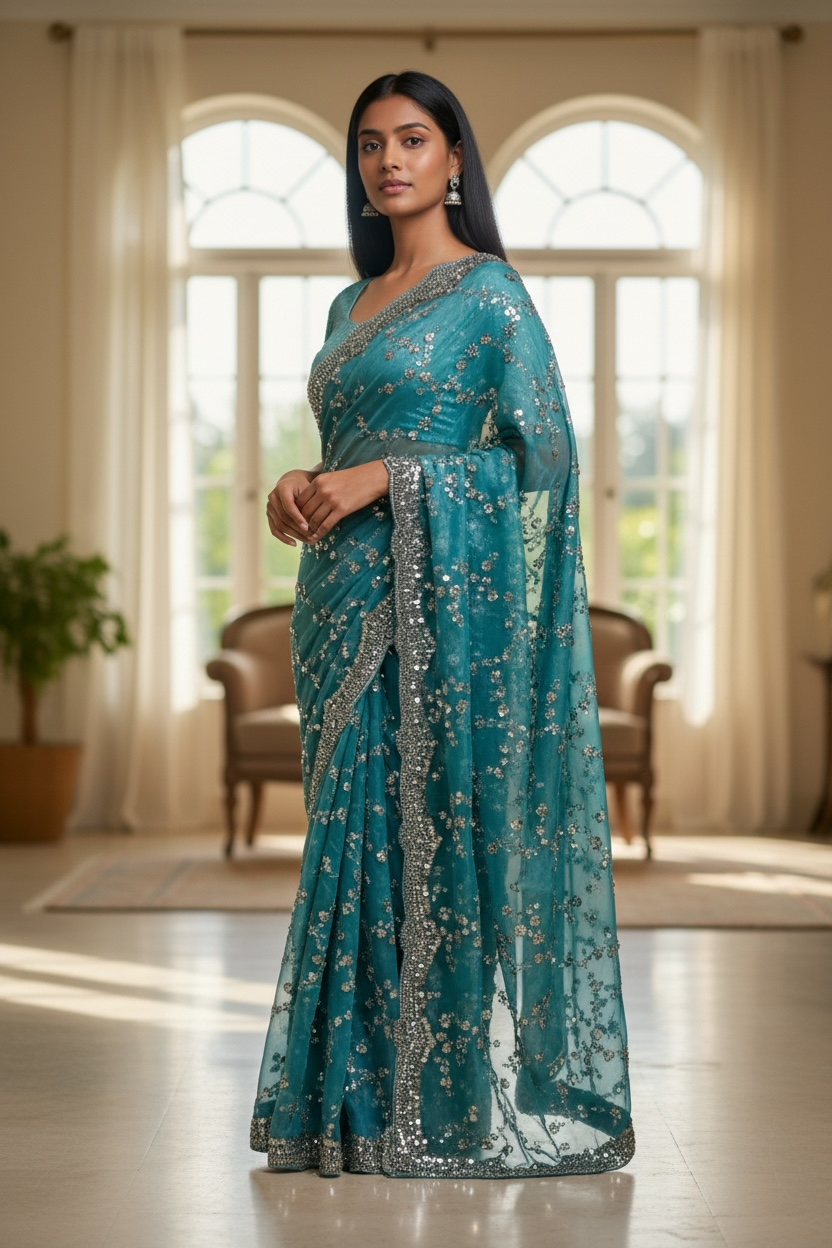 Light Blue - Rich Saree with Allover Sequins Work and Blouse Piece - UK stock - 24hr Dispatch - RS2503 JV