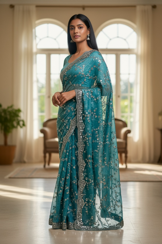 Light Blue - Rich Saree with Allover Sequins Work and Blouse Piece - UK stock - 24hr Dispatch - RS2503 JV