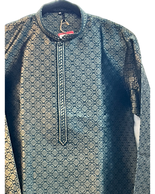 Blue - Men’s Embroidered Jacquard Kurta Set with Trousers - UK Stock - Weddings / Walimas , Sangeet, Diwali, Eid, Mehndi / Henna - VEE3069 VV