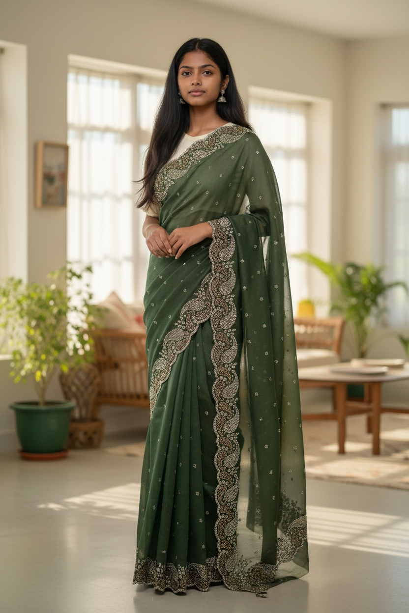 Sage Green - Rich Saree with Stone Work Border and Blouse Piece - UK stock - 24hr Dispatch - RS2532 TC