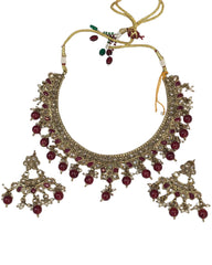 Red - Medium Size Antique Gold Finish Necklace Set with Earrings - HR1008  KK 0424