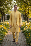 Haldi Yellow - Mens Kurta Set with Rich Brocade Waistcoat  - SHU2507 TY 0325