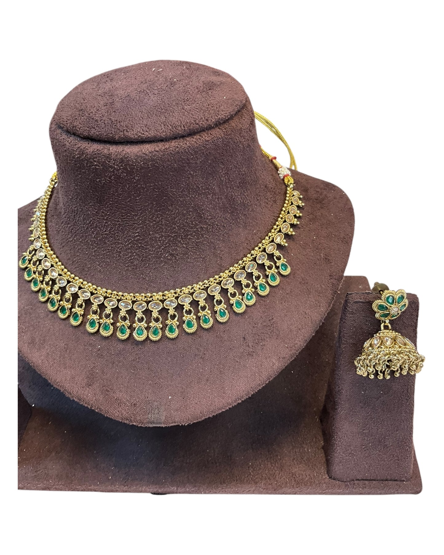 Green - Small Size Antique Gold Finish Necklace Set - AE2506 C 0525
