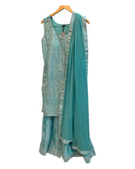 Sky Blue - Ladies Medium Length Top Palazzo Trousers Suit - Size 14 (40