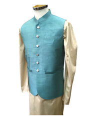 Turquoise Blue - Handloom Dupion Silk Mens Waistcoat - DL2303 KKp1023