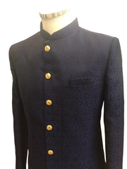 Navy Blue - Classic Self Brocade Sherwani with Gold Buttons -  BS786 JP 0823