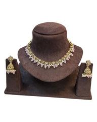 Pink - Medium Size Antique Gold Finish Necklace Set with Earrings - RAK375 Pp