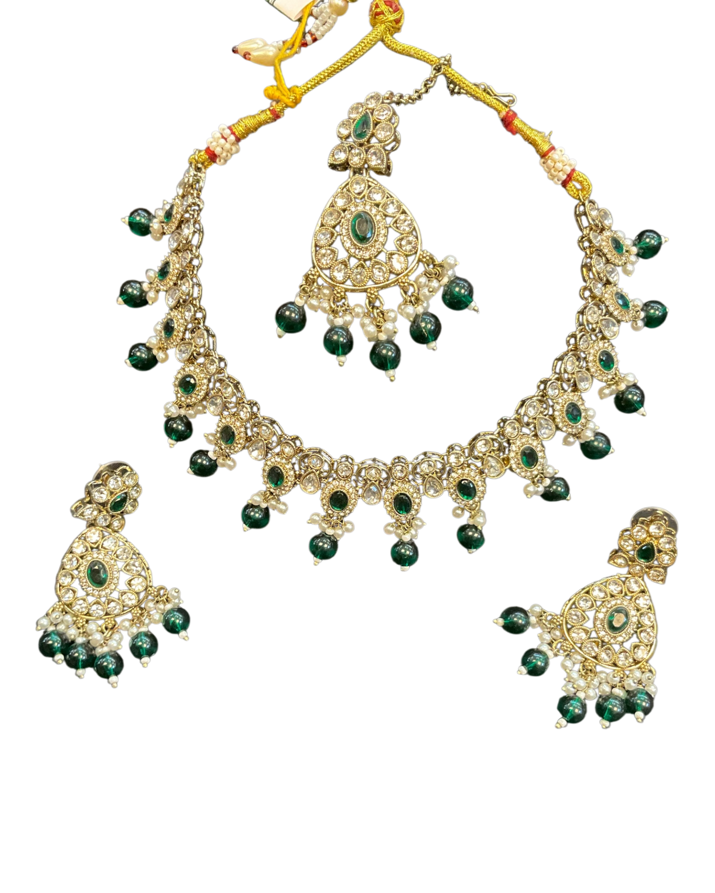 Green - Large Size Antique Gold Finish Necklace Set with Earrings & Tika (Head Piece) - UK Stock - JIG86 08C25