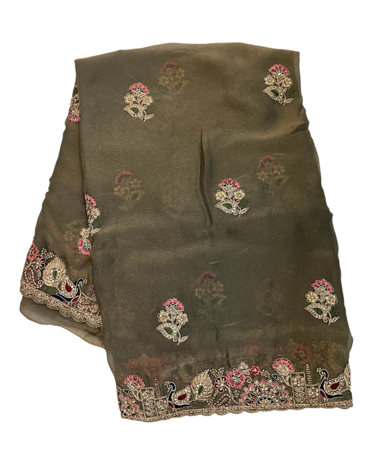 Champagne / Beige - Fancy Party Saree with Blouse Piece - UK stock - 24hr Dispatch - LTF905 07VV26
