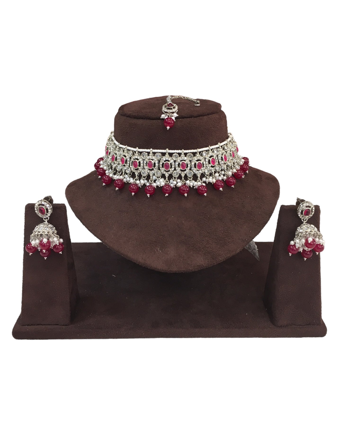 Fuchsia - Medium Size Silver Finish Choker Necklace Set with Earrings - RAK149  C 0424