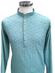 Sea Green - Lucknowi Sequins Mens Indian Kurta set Sangeet, Temple, Eid, Mehndi or Funeral ( with Draw stringed trousers) - YD2403 KT 0324