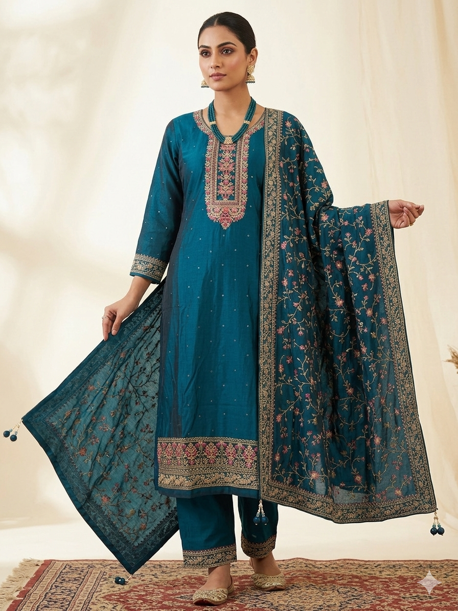 UK 12 / 38" - Teal Blue - Crepe Ladies Trousers Suit - Sangeet / Henna / Temple - OC569 TP