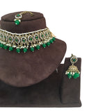 Green - Medium Size Antique Gold Finish Choker Necklace Set with Earrings - RAK149  C 0424