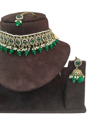 Green - Medium Size Antique Gold Finish Choker Necklace Set with Earrings - RAK149  C 0424