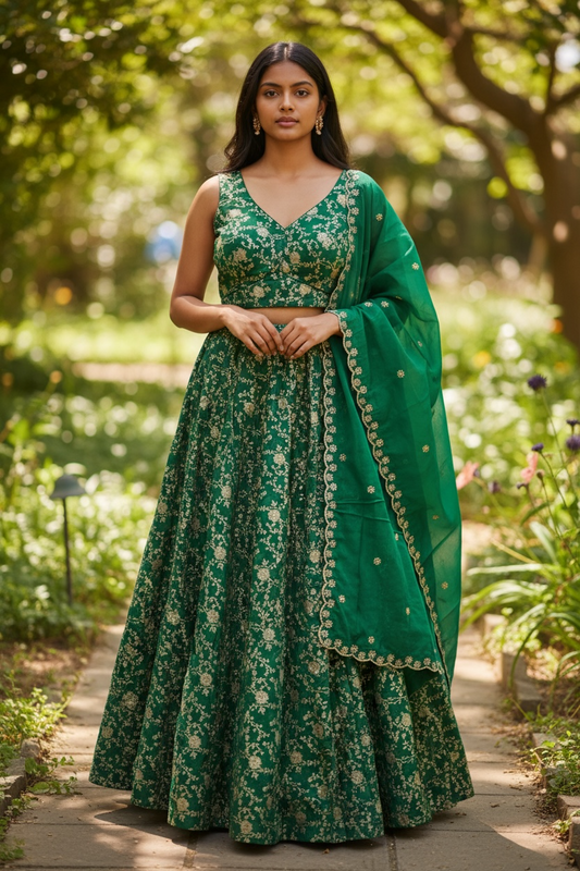 Forest Green - Banarasi Brocade Silky Lehenga Set - Mehndi / Sangeet / Bridesmaids / Weddings / Garba  - Size UK 12 (38" Bust) Adjustable to Size 14 - UK Stock - 24h Dispatch - AF2601 02VP26