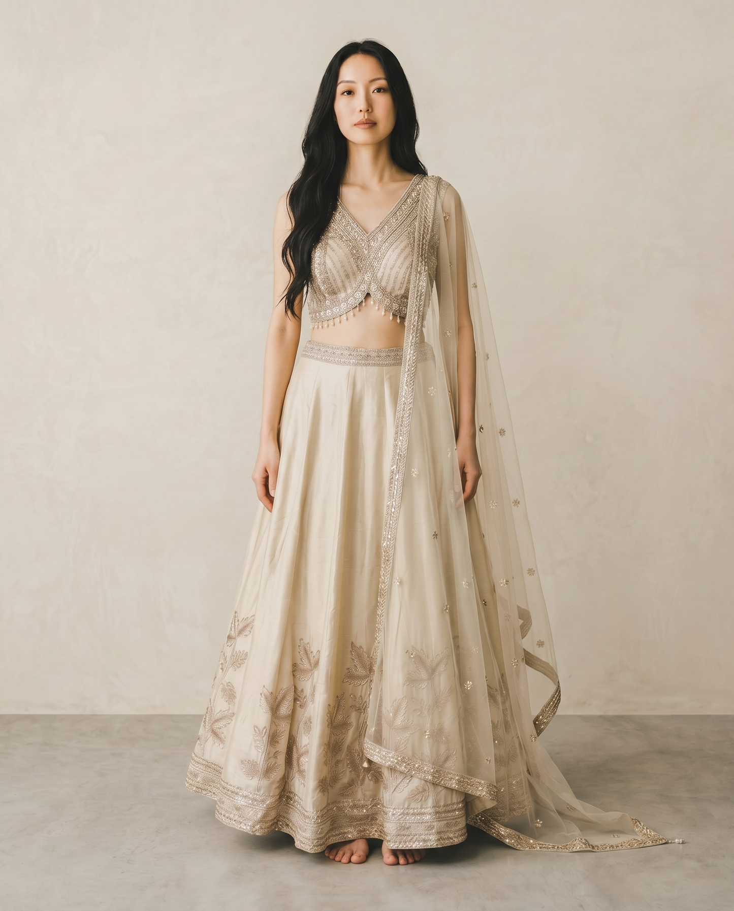 Size UK 12 (38" Bust) Adjustable to Size 14 - Light Gold - Silky Lehenga Set - Mehndi / Sangeet / Bridesmaids / Weddings / Garba  - UK Stock - 24h Dispatch - KM- Malakh 07JR26