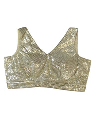 Light Gold - Full Sequins Designer Saree blouse with cups,  Sleeveless - 38