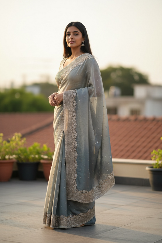 Sage Green - Fancy Crystal Work Saree with Blouse Piece - UK stock - 24hr Dispatch - RS2530 JJ