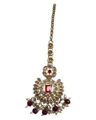 Maroon - Large - Antique Gold Finish Traditional Tika Head piece - Bollywood - Weddings - PRI1773  11V24