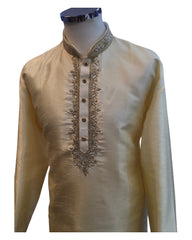 Light Gold - Rich Silky Mens Indian Kurta set with Hand Embroidery - Weddings / Walimas , Sangeet, Mehndi / Henna , Eid / Diwali - BS2506 01TC25