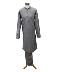 Silver / Grey - Cotton Silky Self Brocade Mens Kurta Set - Sangeet Mehendi Haldi - KCS1193 VC 1123