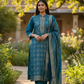 UK 14 / 40" - Petrol Blue - Silky Brocade Ladies Trousers Suit - Sangeet / Henna / Temple - KTC241063 VA