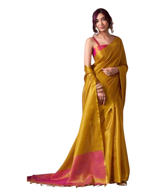 Mustard Yellow - Classic Plain Cotton Silky Fancy Saree with Blouse Piece - UK Stock - 2/3 days Delivery  12KV25 RP513