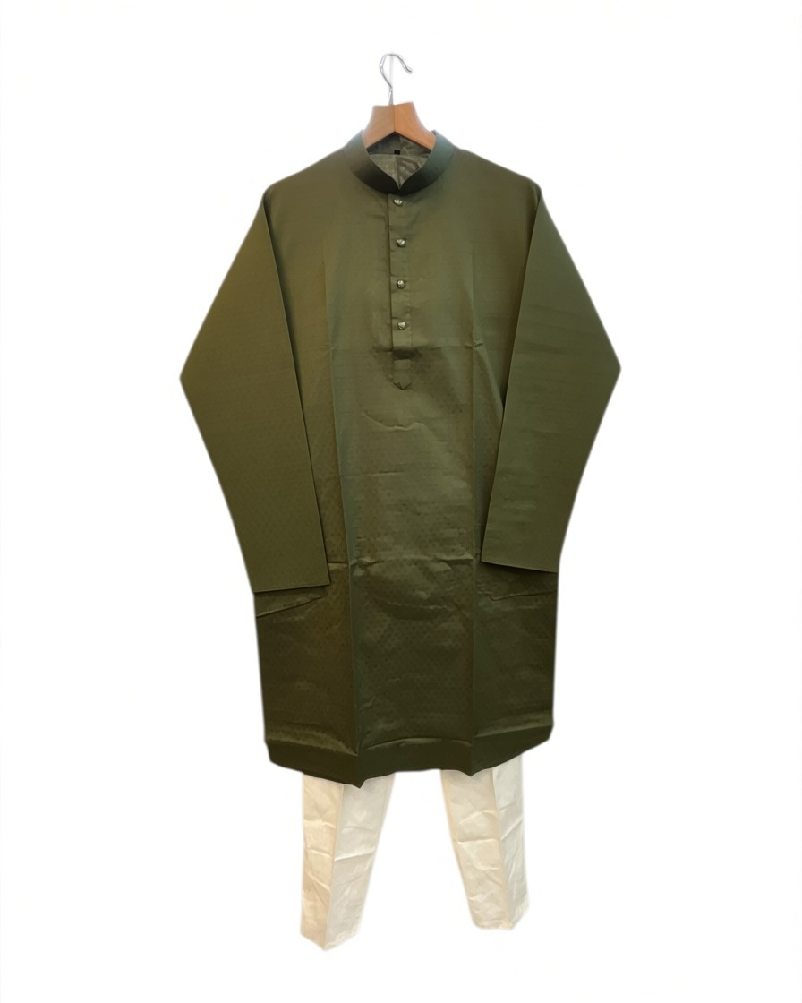 Henna / Mehndi Green - Soft Cotton Self Woven Mens Kurta Set - Sangeet Mehendi Haldi - KCS1263 03KJ26