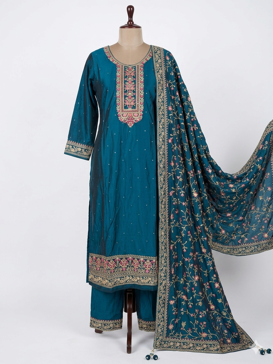 UK 12 / 38" - Teal Blue - Crepe Ladies Trousers Suit - Sangeet / Henna / Temple - OC569 TP
