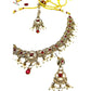 Magenta Pink - Medium Size Antique Gold Finish Necklace Set with Earrings & Tika Head piece - SAJ04  08C25