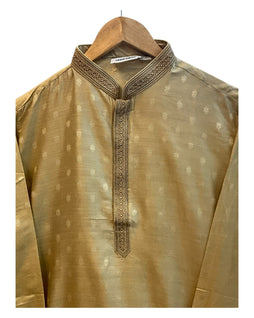 Beige / Gold - Rich Linen Mens Indian Kurta set - UK Stock - Weddings / Walimas , Sangeet, Diwali, Eid, Mehndi / Henna - NAD25715 VY