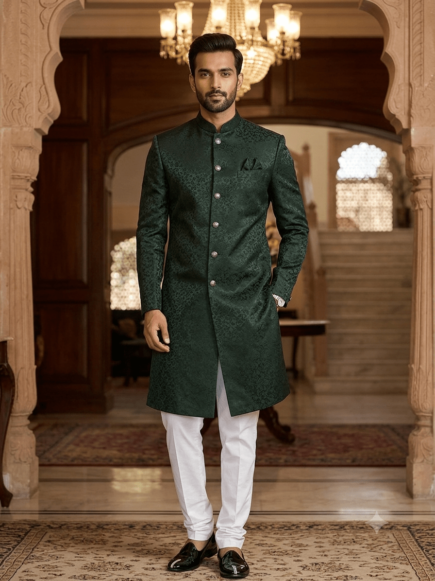 40" - SALE ! Bottle Green - Classic Self Brocade Mens Sherwani with Quality Buttons - Smart Trousers - UK stock - 2/3 Days Delivery - YD2504 PY - Prachy Creations