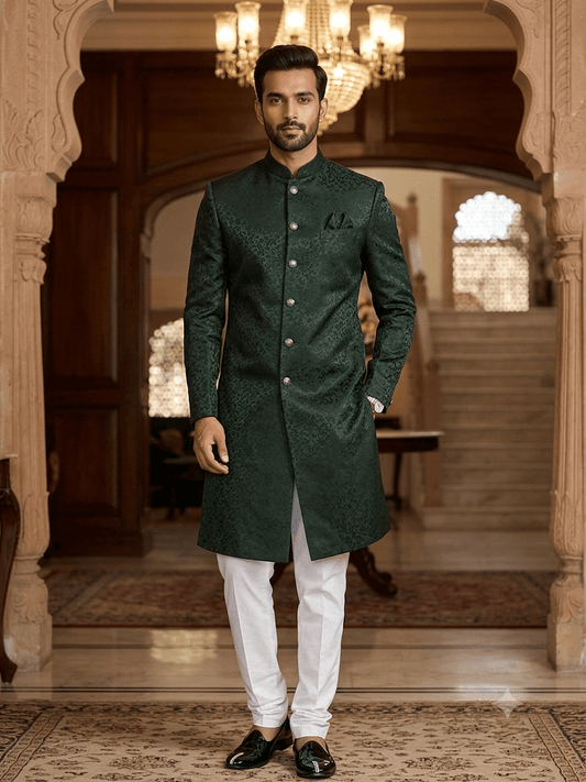40" - SALE ! Bottle Green - Classic Self Brocade Mens Sherwani with Quality Buttons - Smart Trousers - UK stock - 2/3 Days Delivery - YD2504 PY - Prachy Creations